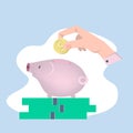 Hand with a coin and a piggy bank in the form of a pink pig.